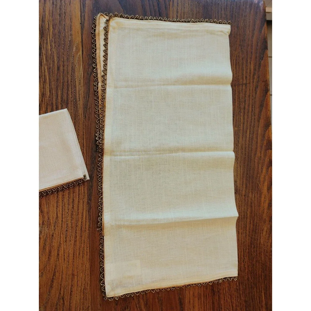 Pier 1 Imports 2pc (1 PAIR) Beaded Trim Napkins Tan Brown Edge LN